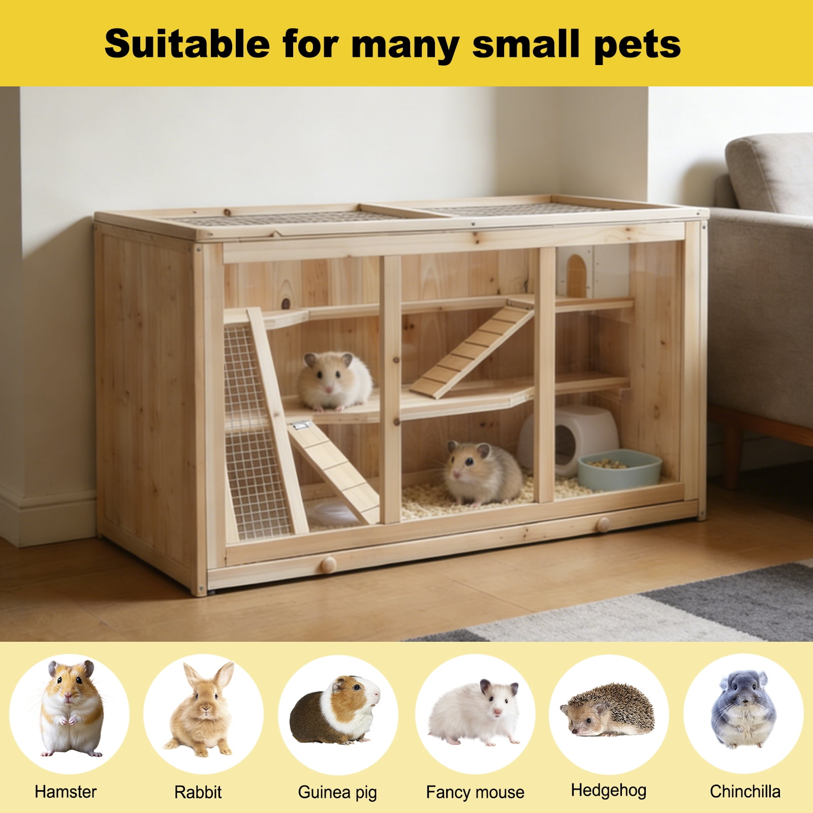 Large Wooden Hamster Cage with Acrylic Windows and Deep Tray, Multi-Level Small Pet Habitat for Syrian Hamsters and Guinea Pigs, Natural