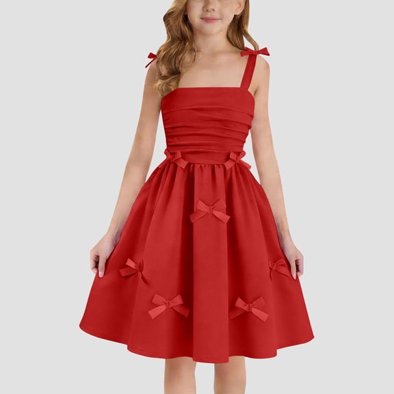 BLTIBY Girls Sleeveless Summer Dress Cute Bowknot Square Neck Sundress High Waist Ruffle A Line Party Vacation Dresses Red 4-5Years