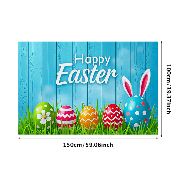 Blue Wooden Texture Easter Backdrop Banner with Bunny Ears and Colorful Eggs Party Decorations Happy Easter Event Celebration Photography Props Easter Party Supplies