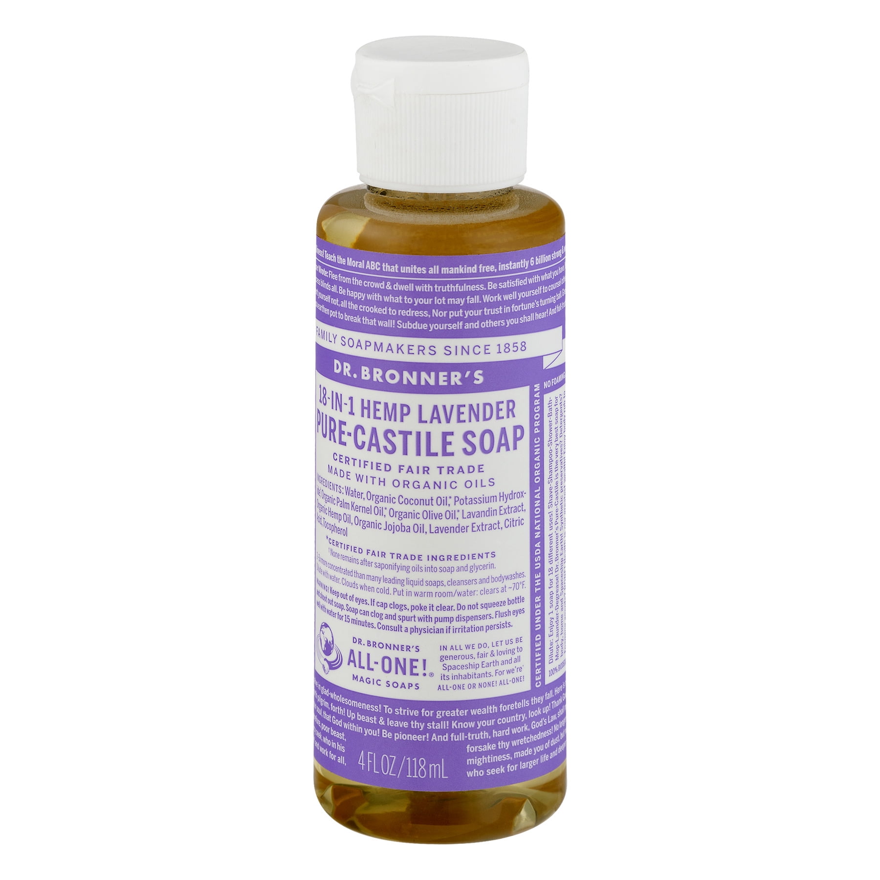 dr bronner s 18 in 1 hemp pure castile soap lavender 4 0 fl oz