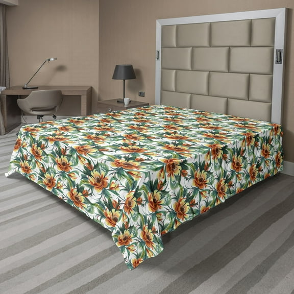 Ambesonne Floral Flat Bedding Sheet Soft Top Sheet, Flowers Garden Nature Scene, Full, Pale Orange and Marigold