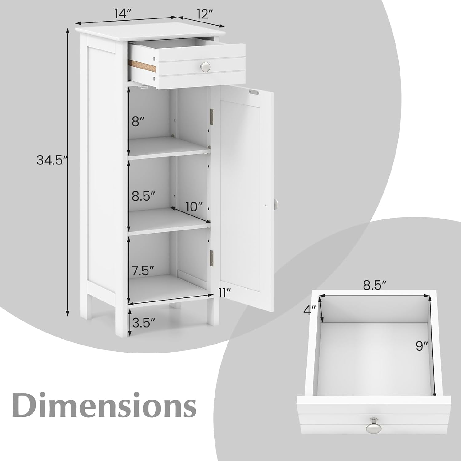 Themis Bathroom Floor Cabinet, Free-Standing Single Door Storage Cabinet with Drawer & 2 Adjustable Shelves, Wooden 14”L Narrow Side Storage Organizer for Small Spaces, Living Room, Kitchen (White)