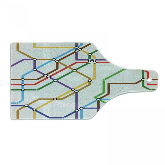 Map Cutting Board, Stripes in Vibrant Colors Metro Scheme Subway Stations Abstract Railroad Transportation, Tempered Glass Cutting and Serving Board, Wine Bottle Shape, Multicolor, by Ambesonne