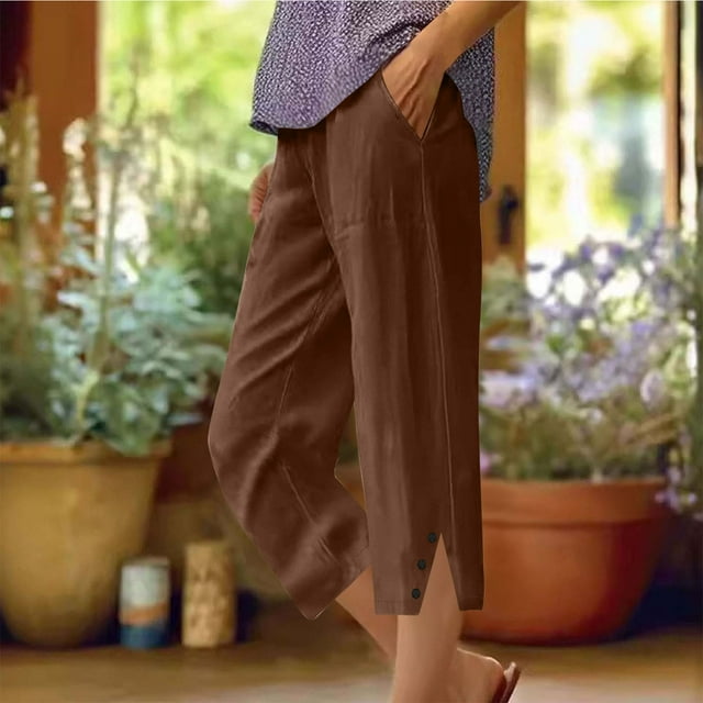 Soki Women's Linen Pants Casual Summer Capris Loose Fit Lightweight Drawstring Waisted Cropped Pants with Pockets