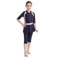 thumbnail image 3 of IBTOM CASTLE Kids Girls Burkini Swimsuits Modest Muslim Islamic Long Sleeve Rash Guard Full Cover Hijab Top Skirted Swim Capris ​Swimwear 6-7 Years Navy Blue - Short Sleeve, 3 of 8