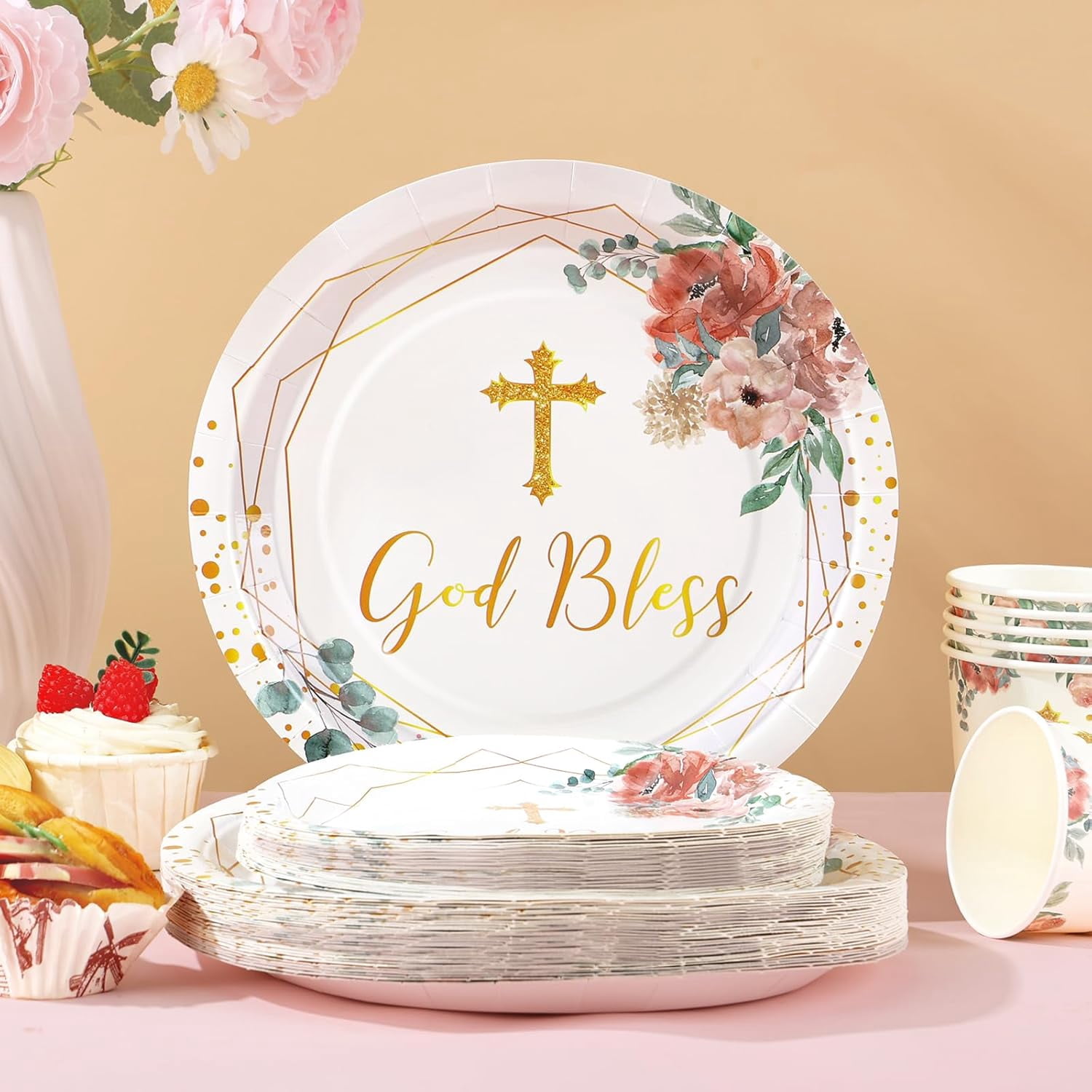 175 PCS Baptism Plates and Napkins Party Supplies - Baptism Decorations for Girls - God Bless Disposable Paper Plates First Communion Plate for Christening Baby Shower Party Decorations