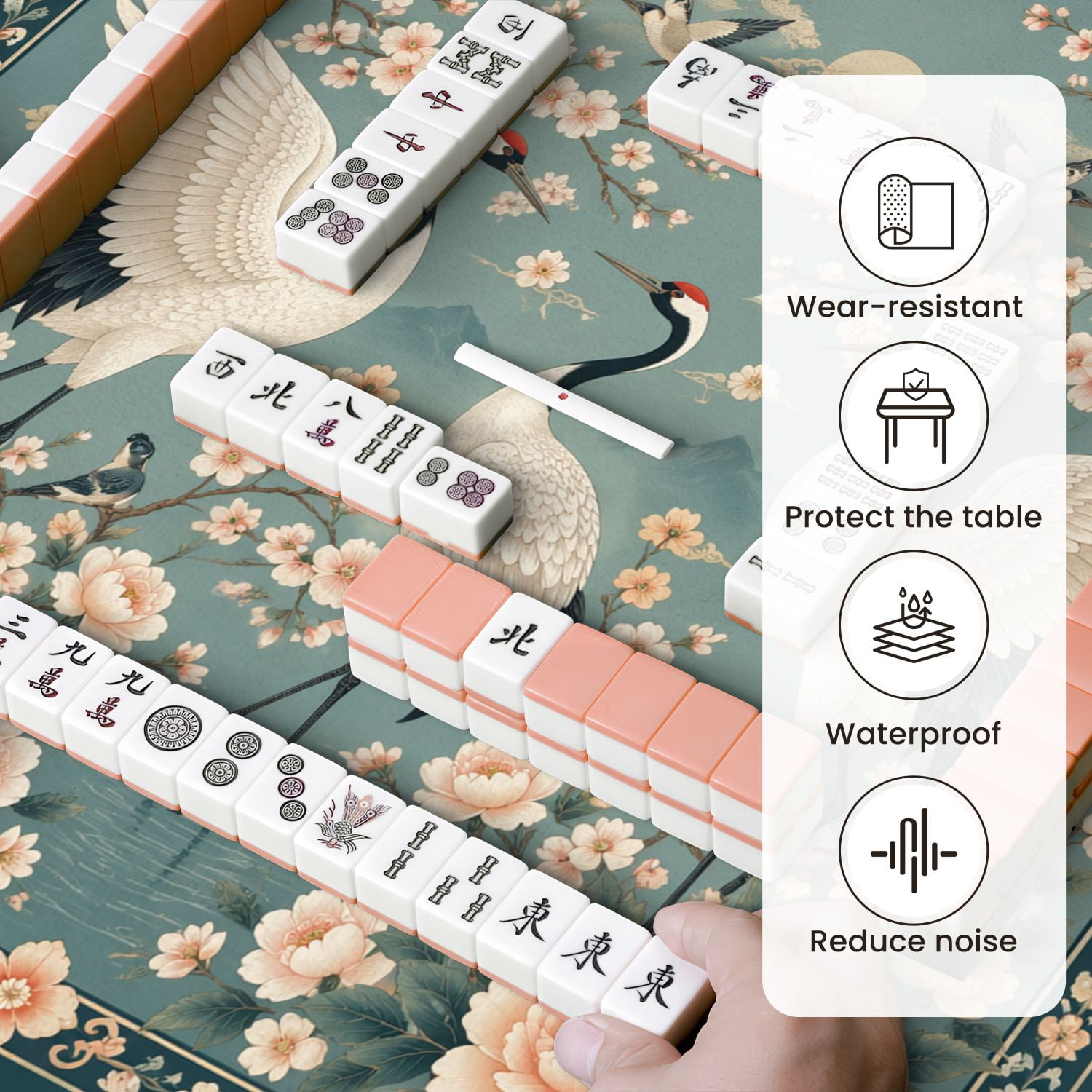 Mahjong Mat 31.5" x 31.5" Elegant Oriental Crane Cherry Blossoms Peonies Birds Soft Pastel Non-Slip Noise Reduction Mahjong Tiles Table Cover for Dominoes Poker Card Board and Tile Games