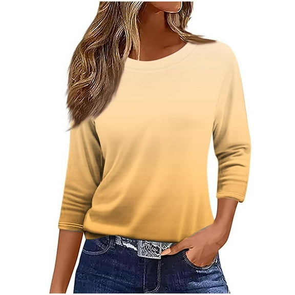 aidice Plus Size Womens Tops Round Neck 3/4 Length Sleeve Comfy Fitting Gradient Color Tee Shirts