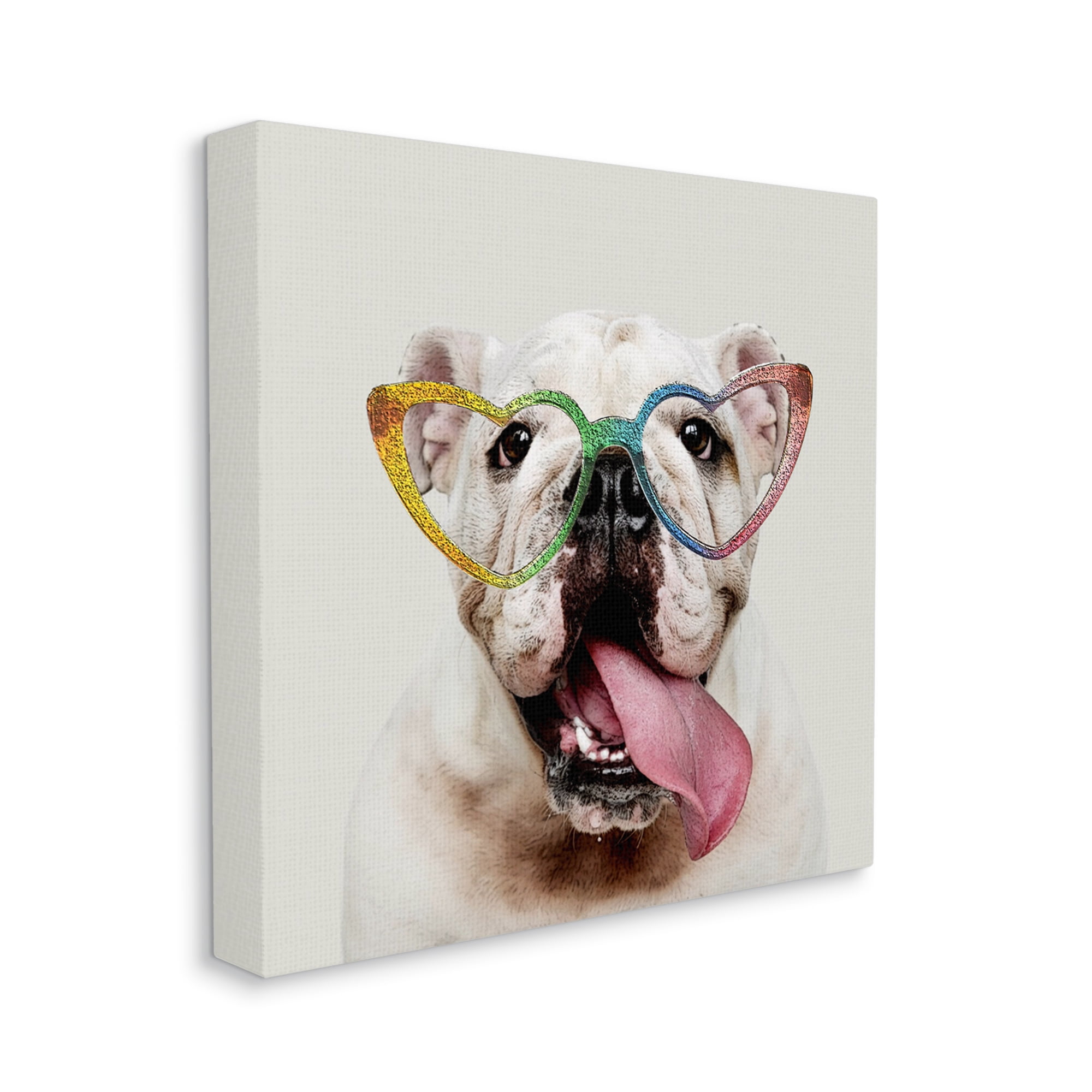 Stupell Happy Bulldog Rainbow Heart Glasses Animals & Insects Painting Gallery Wrapped Canvas Print Wall Art