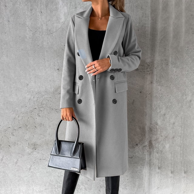 EGNMCR Veste à Manches Longues pour Femmes, Mode Décontractée Couleur Unie Laine Double Boutonnage Col Rabattu Sans Capuche Manteau Décontracté pour Femmes