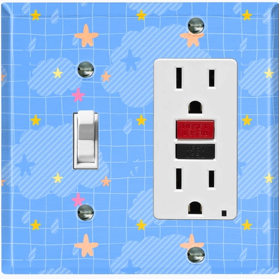 Metal Light Switch Wall Plate Outlet Cover (Sky Cloud Stars Rain Drops Check Pattern - Single Toggle Single Rocker)