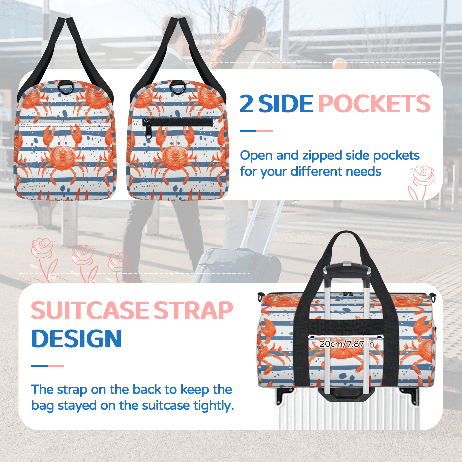 Herdesigns Crab Travel Duffle Bag Sports Yoga Weekender Overnight Carry on Workout Bags Lightweight Waterproof Gym Tote Bag for Women Ocean
