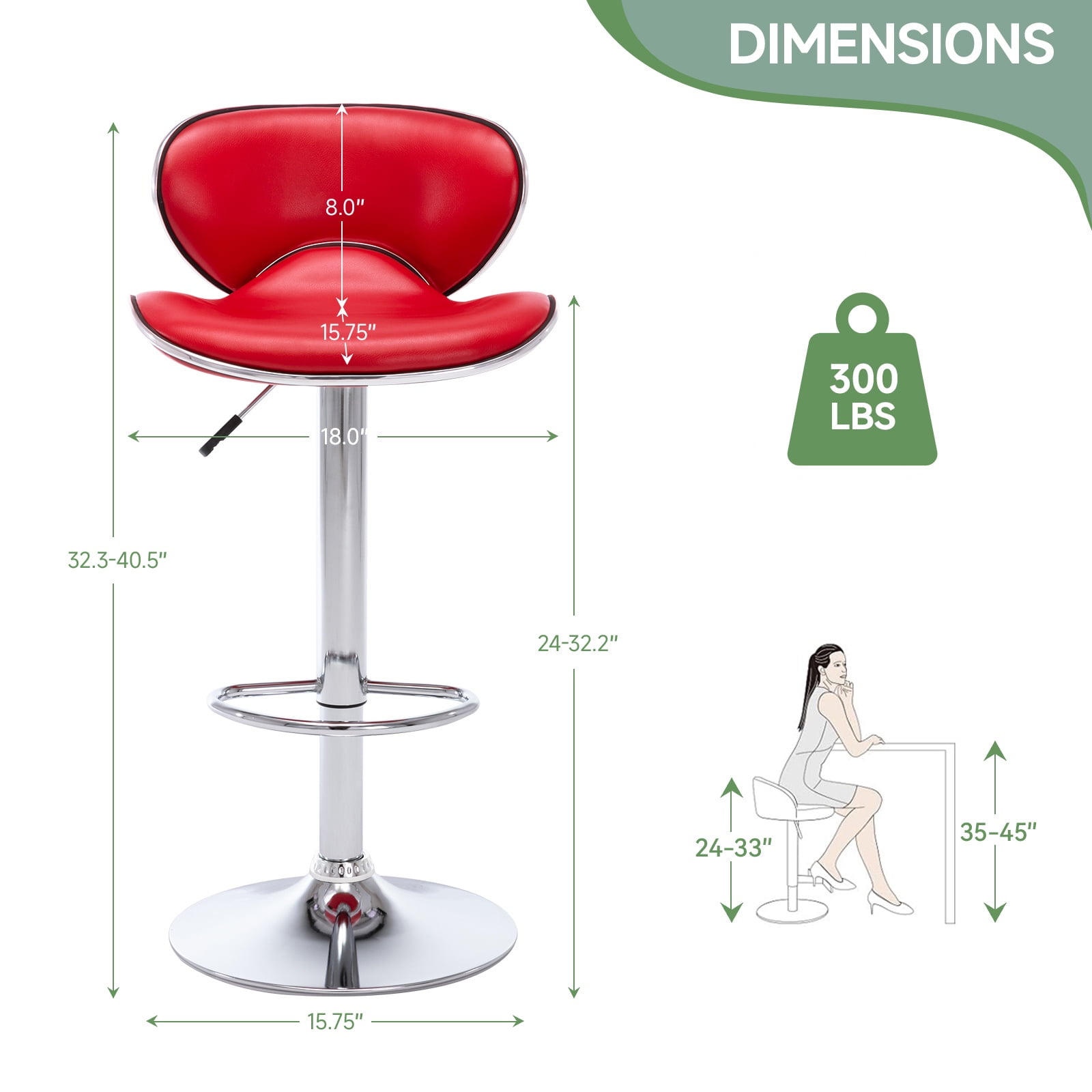 Adjustable Swivel Bar Stools Set of 2 , Modern PU Leather Upholstered Bar Chairs with Chrome Base for Kitchen Island, Dining Room, Pub, Counter (Red)