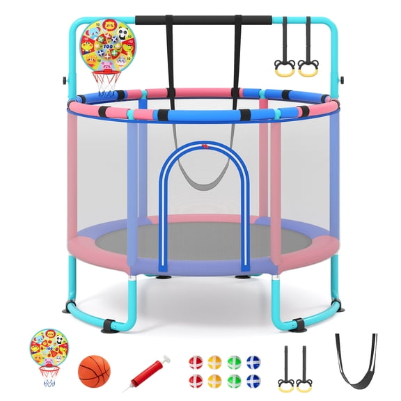 Infans 60" Trampoline for Kids with Enclosure w/Adjustable Gymnastics Bar Swing Toys
