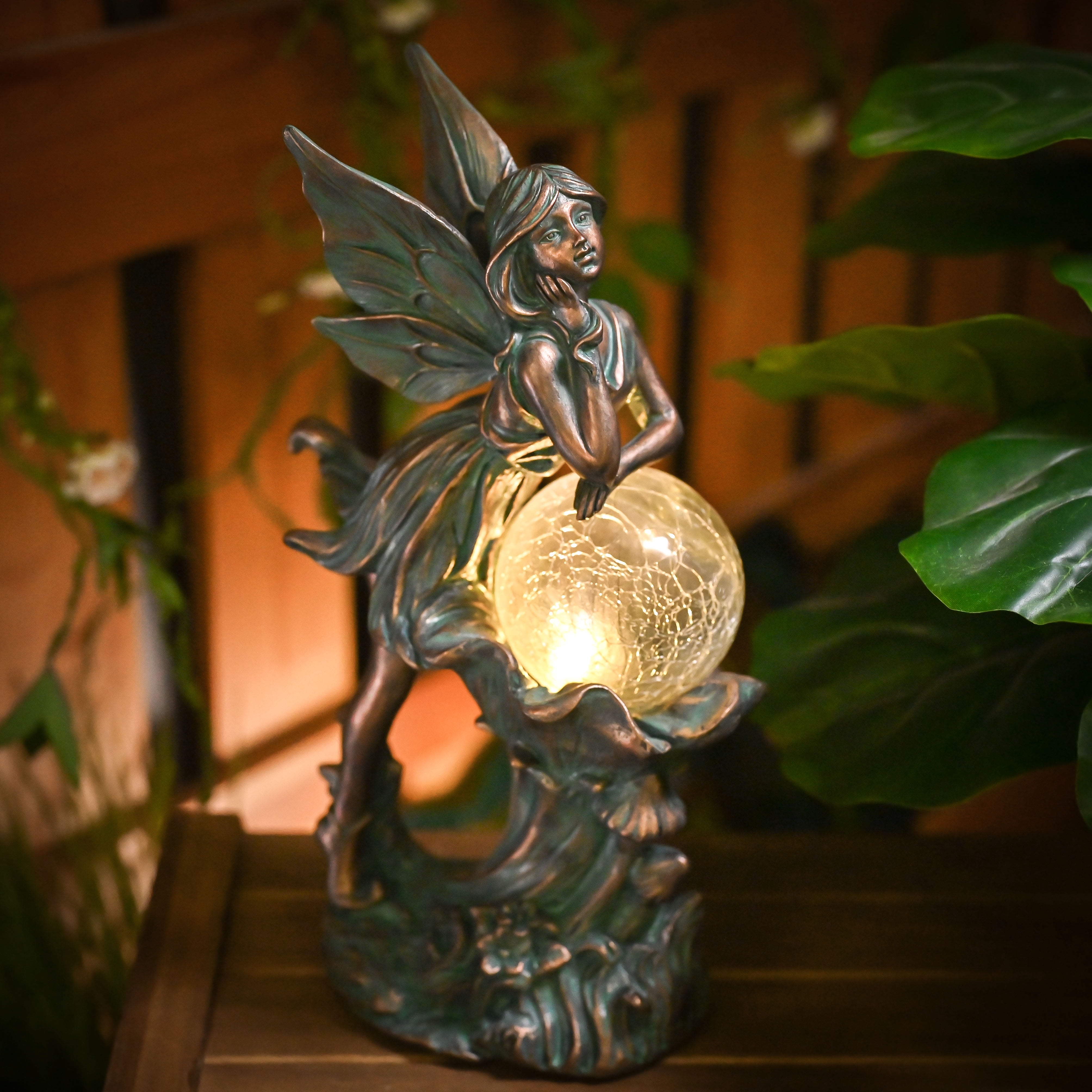 TERESA'S COLLECTIONS 12.4" Fairy Garden Statue with Solar Light, Patina Bronze Resin Sculpture with Crackle Glass
