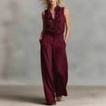 thumbnail image 5 of 2 Piece Linen Outfits for Women Sleeveless Ruffle V Neck Top & Wide Leg Pants Dressy Casual Vacation Sets (M, Wine), 5 of 5