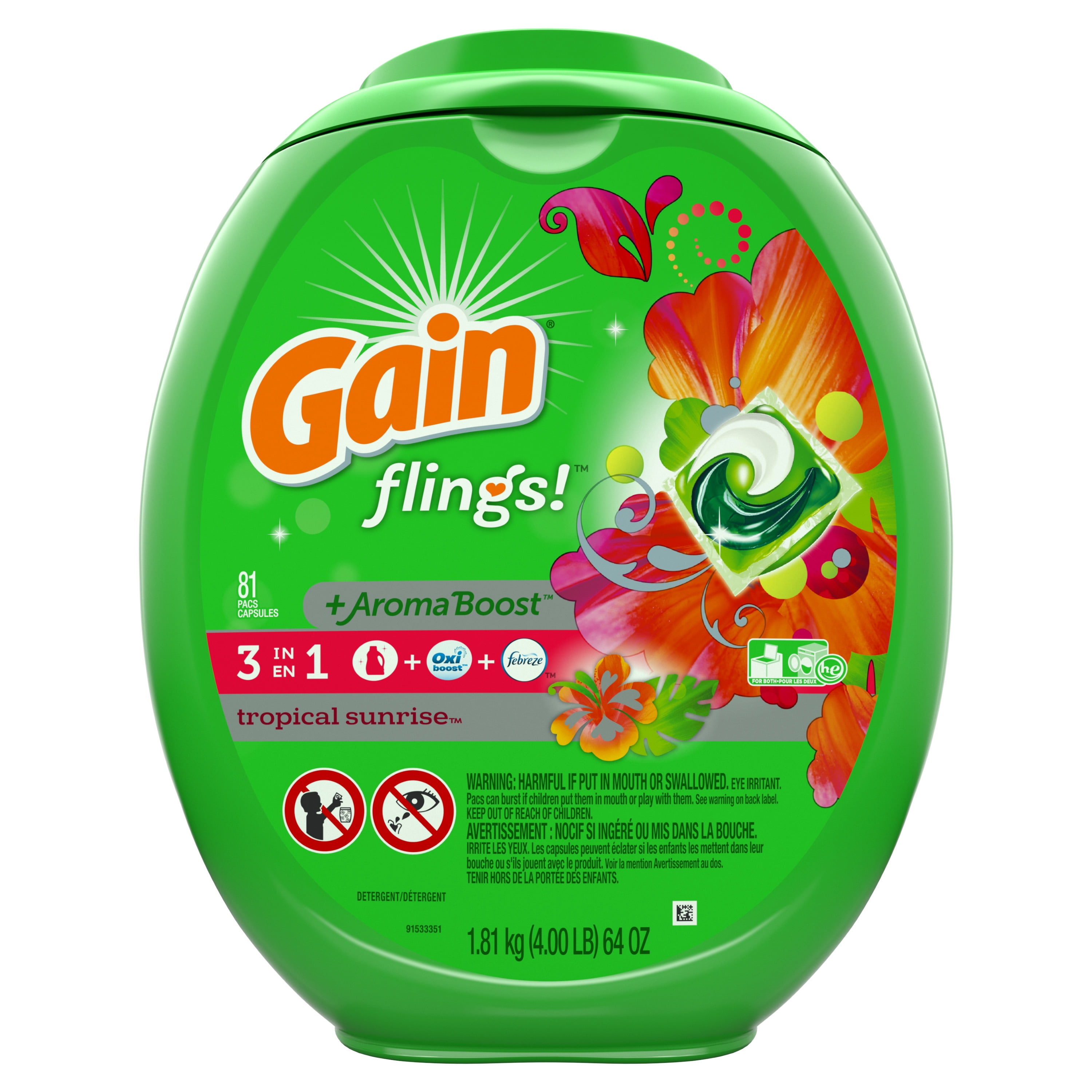 Gain Flings! +AromaBoost Laundry Detergent Pacs, Tropical Sunrise, 81
