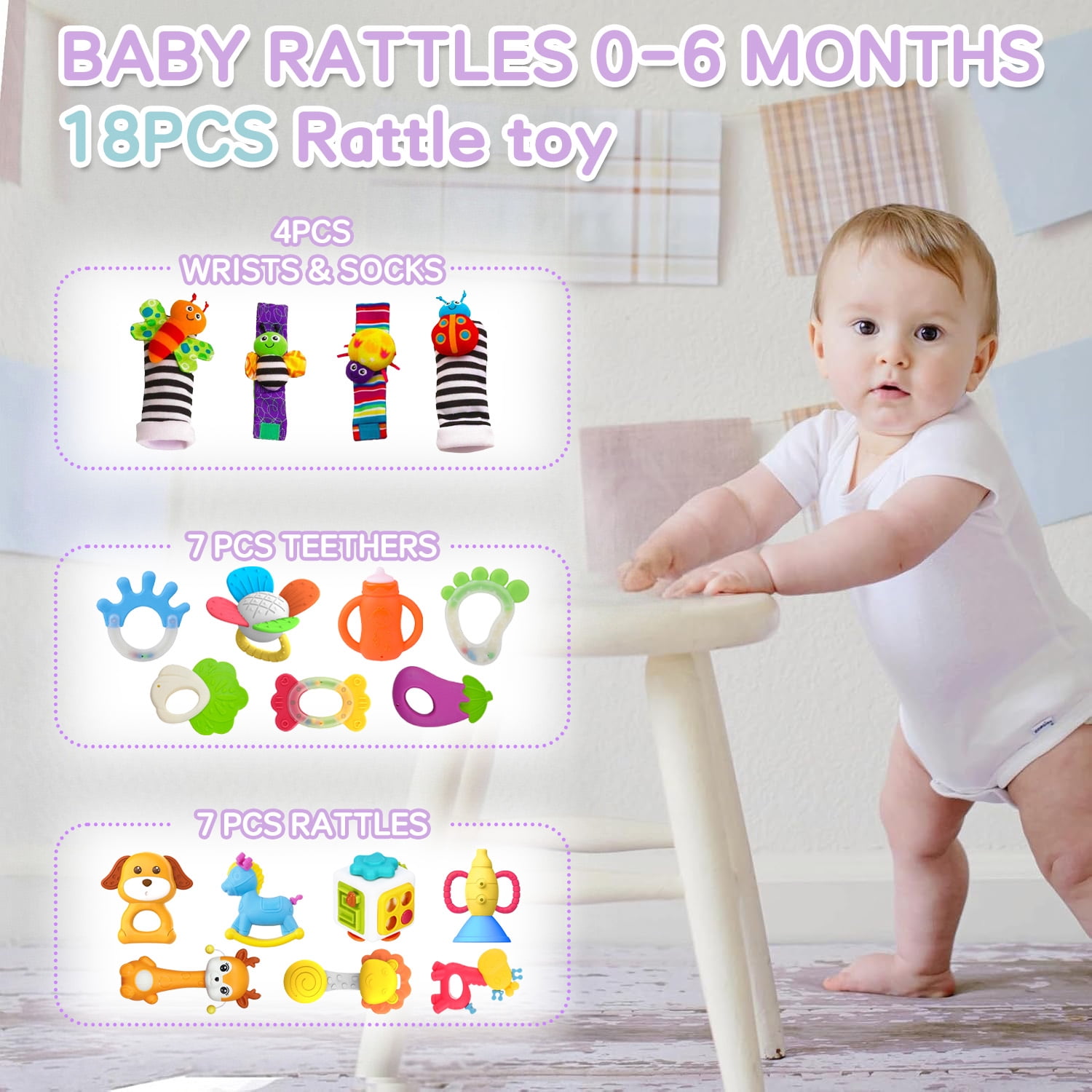 LINXUXIE Baby Rattle Set, Infants Rattles Teething Toys & Wrist Socks Suitable, Perfect Baby Gift for 6 Months Boys & Girls