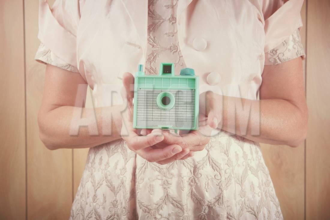 Woman Holding Vintage Mint Green Camera Instagram Effect Print Woman Holding Vintage Mint Green Camera Instagram Effect Print