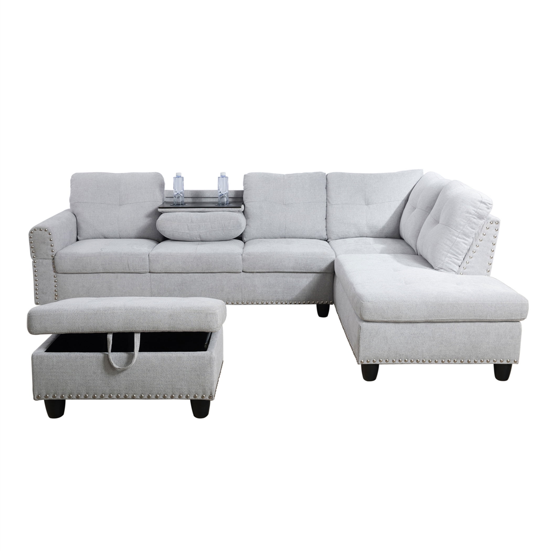 Aukfa 3 Piece Sofa Set, L shape Sectional Couch with Storage Ottoman&Cup Holder, Linen, Right Hand, Light Gray