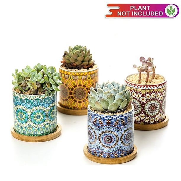 2CFun 3 Small Plant Pots, Mandala Pattern Succulent Planter Flower Pot with Bamboo Tray, Perfect for Home Office Decor and Ideal Gift for Family Friends Colleague, Set of