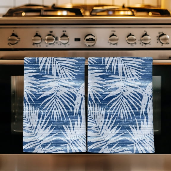 Navy Blue Palm Leaves Kitchen Towels Set of 3, Summer Tropical Botanical Coastal Absorbent Dish Towels for Kitchen, Microfiber Hand Towel, Quick Drying Tea Towel for Cleaning Decorative Dishcloths