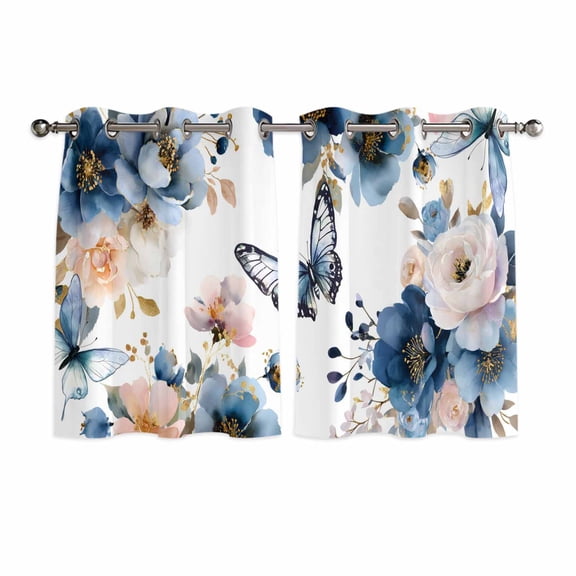 Vintage Blue Floral Kitchen Curtains Window Panels, Farmhouse Watercolor Flower Butterflies Insulated Window Treatment Curtain, Grommet Curtains for Bedroom/Living Room/Bathroom, 2 Piece 42"Wx54"L
