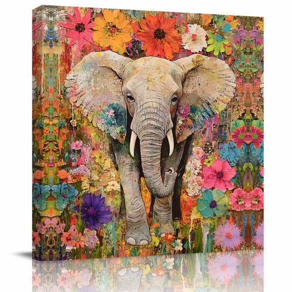 Majestic African Elephant Canvas Artwork Painting Art, Watercolor Floral Art Square Framed Wall Decorations Prints Picture for Bedroom Kitchen Living Room, 16x16 in