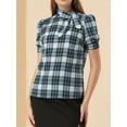 thumbnail image 5 of INSPIRE CHIC Women's Plaid Tie Collar Neck Blouse Retro Short Puff Short Sleeve Shirt Top Navy Blue M, 5 of 6