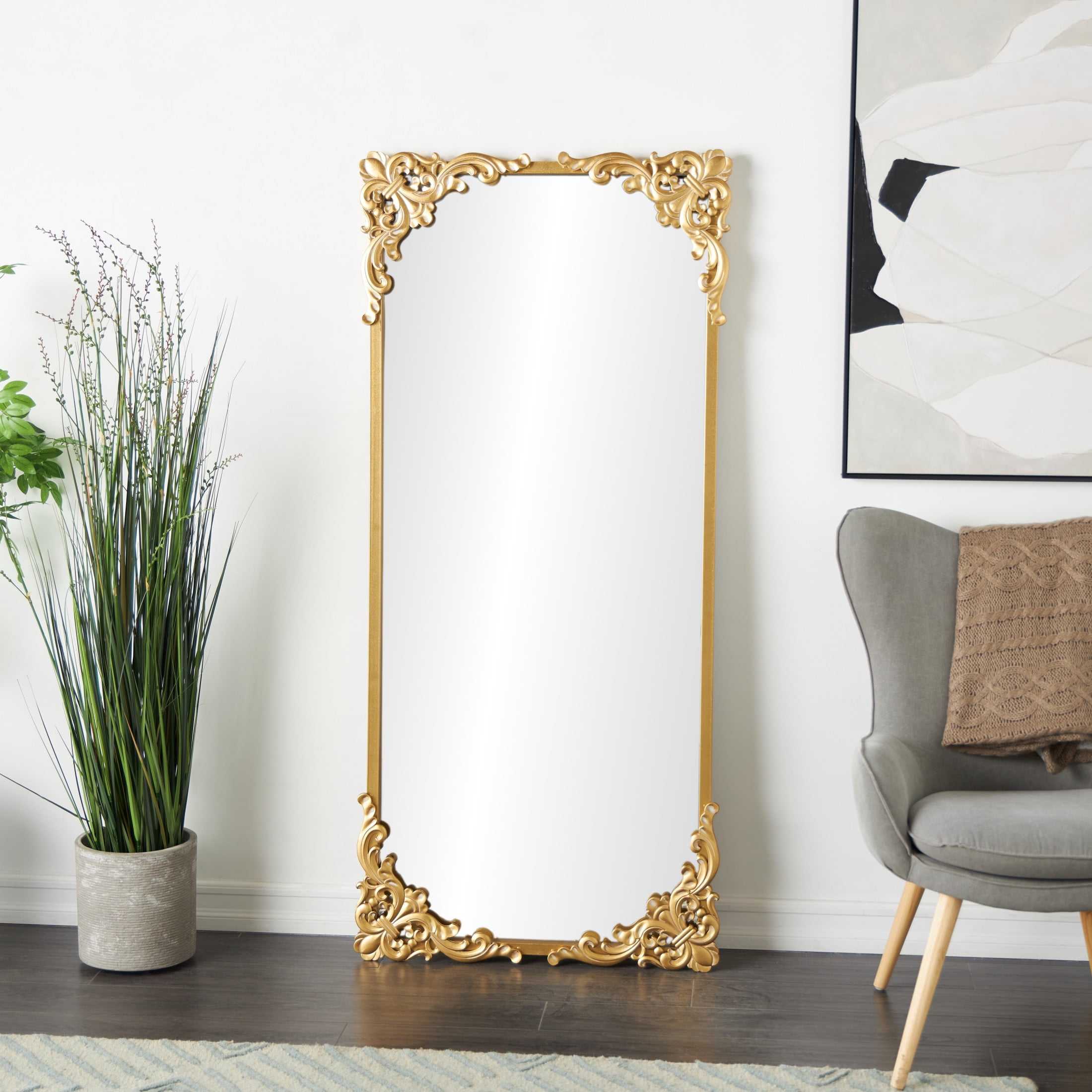 DecMode 30" x 66" Gold Metal Scroll Tall Ornate Baroque Floor Mirror