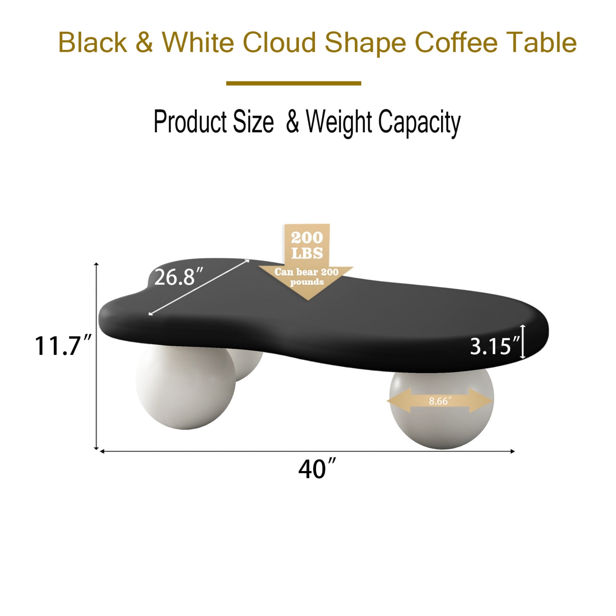 40'' Cloud Shaped Coffee Table with 3 Ball Legs, Cream Style Accent Cocktail Table, Living Room Center End Table