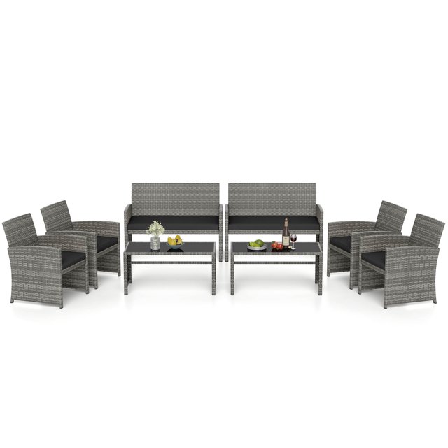Gymax 8 Piece Patio Furniture Set Outdoor Wicker Conversation Set w/ Tempered Glass Coffee Table Black