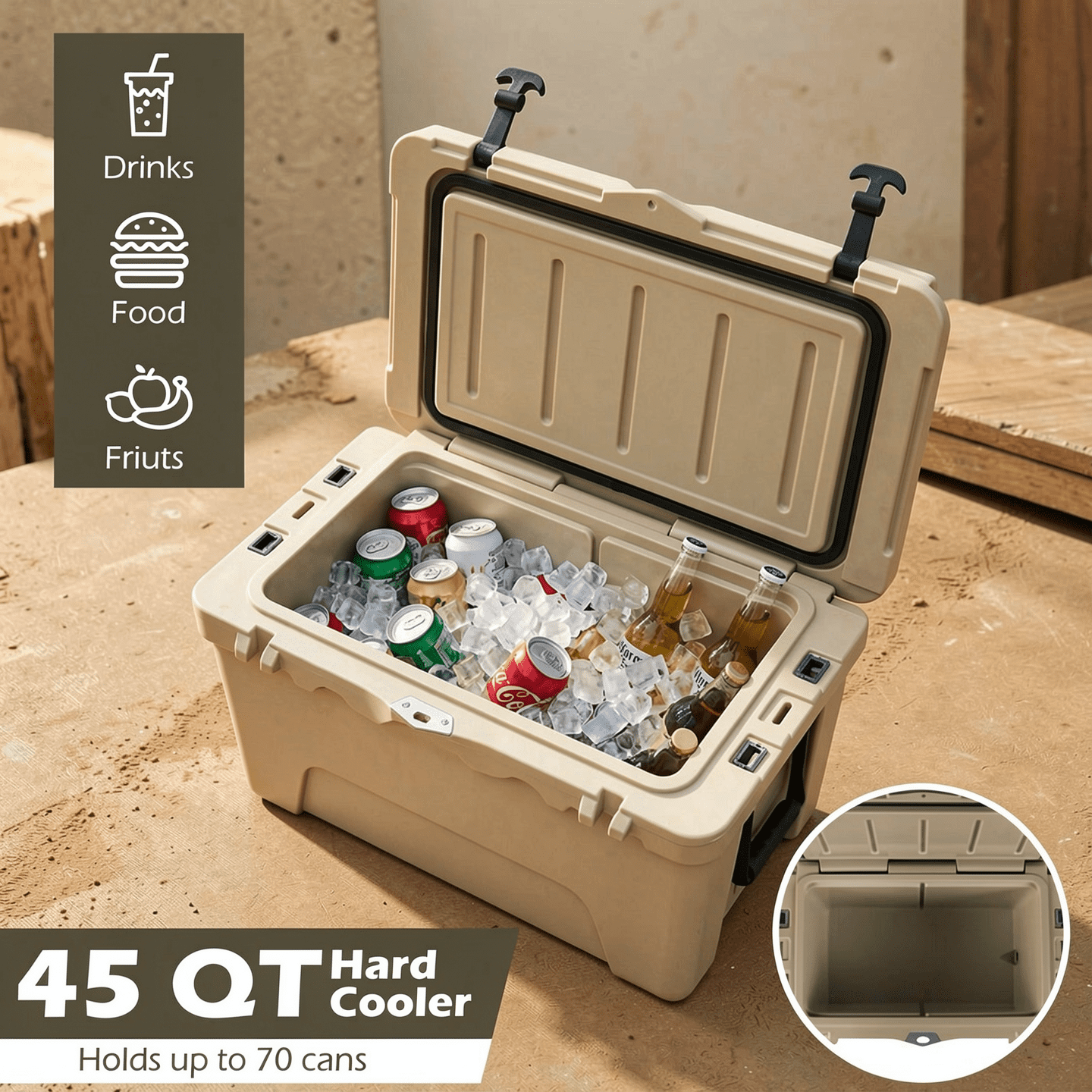 Biotree 45 Quart Portable Hard Cooler Insulated Ice Chest Keeps Cool for up to 6 Days, Khaki