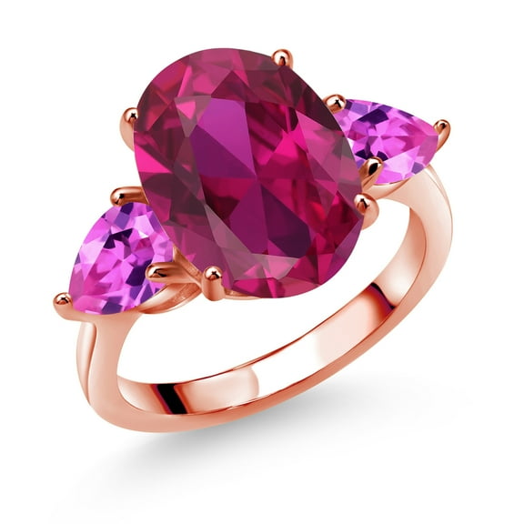 Gem Stone King 18K Rose Gold Plated Silver Red Created Ruby and Pink Created Sapphire Ring for Women (5.00 Cttw, 14X10MM Oval and 7X5MM Pear Shape, Gemstone July Birthstone, Size 8)