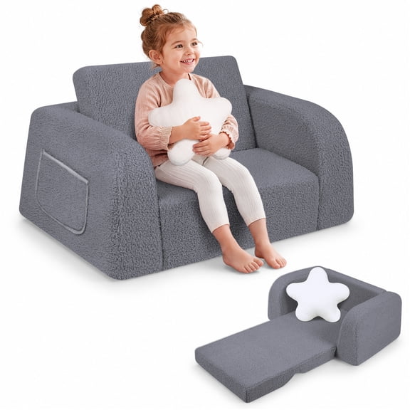 babyeap 2-in-1 Wide Base Kids Sofa,Fold Out Toddler Couch with Star Pillow,Soft Kids Chair for Reading, Playroom, Bedroom & Nursery,Light Gray