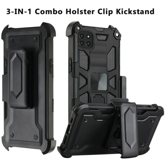 For Samsung Galaxy A22 5G Hybrid 3in1 Combo Holster Belt Clip with Kickstand, Protective Military-Grade Cover ,Xpm Phone Case [ Black ]