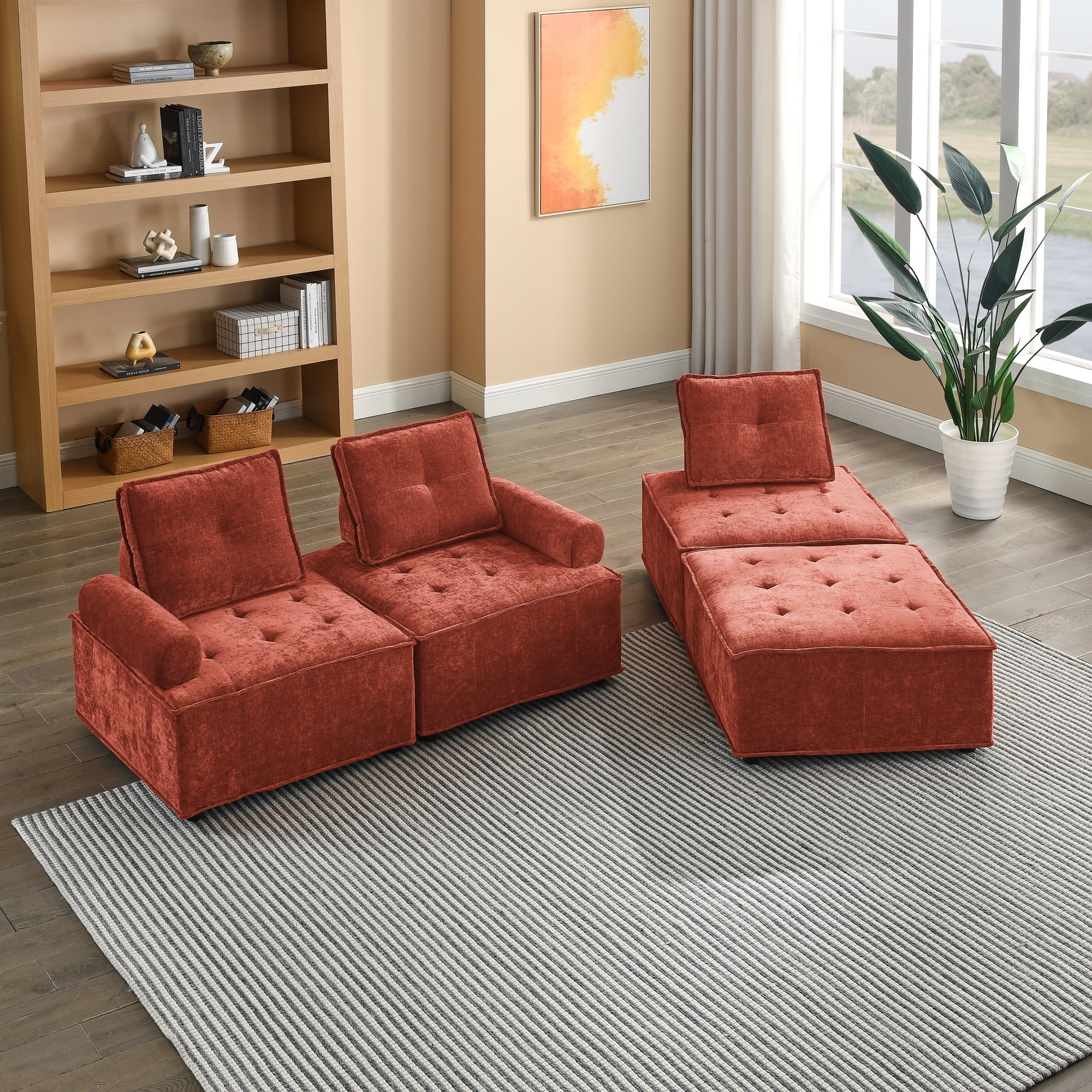 Aukfa Modern Sectional Sofa, 99" Living Room Modular Couch with Ottoman, Chenille, Red