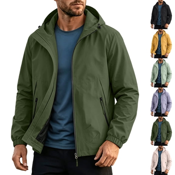 Packable Rain Jacket Men's Lightweight Waterproof Rain Shell Jacket Raincoat with Hood and Zipper Pocket for Golf Cycling Hiking Windbreaker Army Green