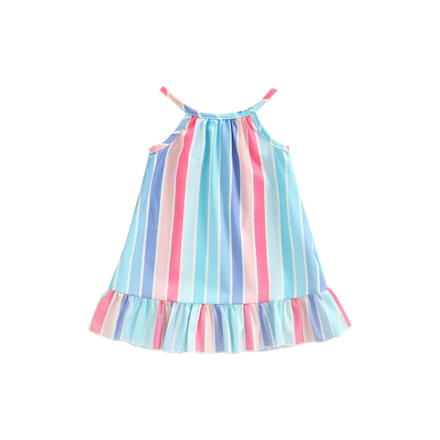 Faithtur Robe d'Été Sans Manches pour Filles Imprimé Rayures Verticales Ourlet à Volants Robe Décontractée à Bretelles Spaghetti