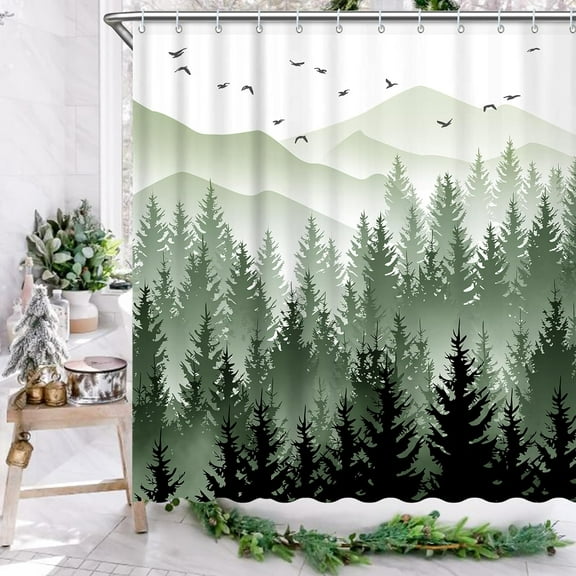 Green Misty Forest Shower Curtain Set Ombre Sage Green White Waterproof Fabric Nature Tree Mountain Woodland Decorative Fabric Bathroom Bath Curtain Decor (72'''' × 72'''', Green)
