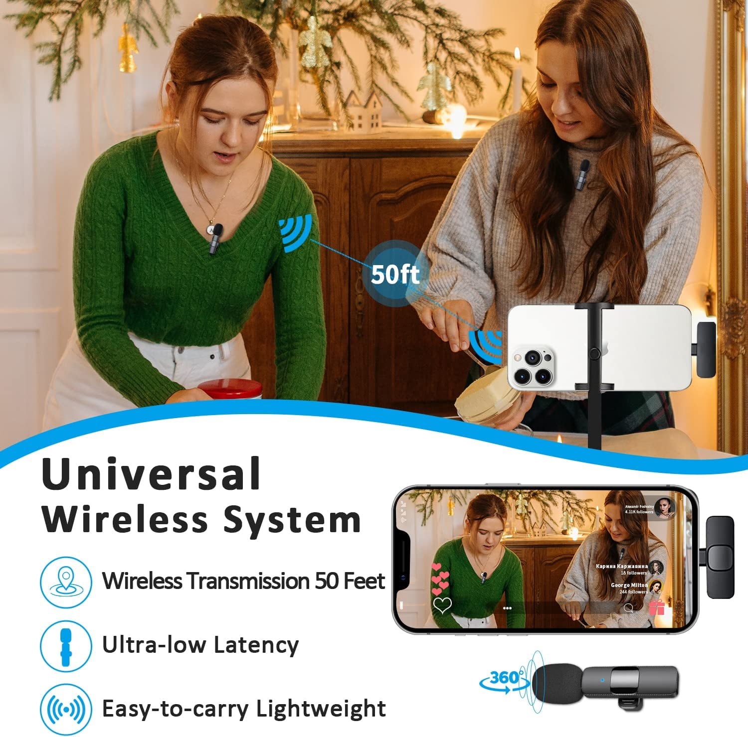 XIHAMA Professional Wireless Lavalier Lapel Microphone for iPhone, iPad - Cordless Omnidirectional Condenser Recording Mic for Interview Video Podcast Vlog YouTube