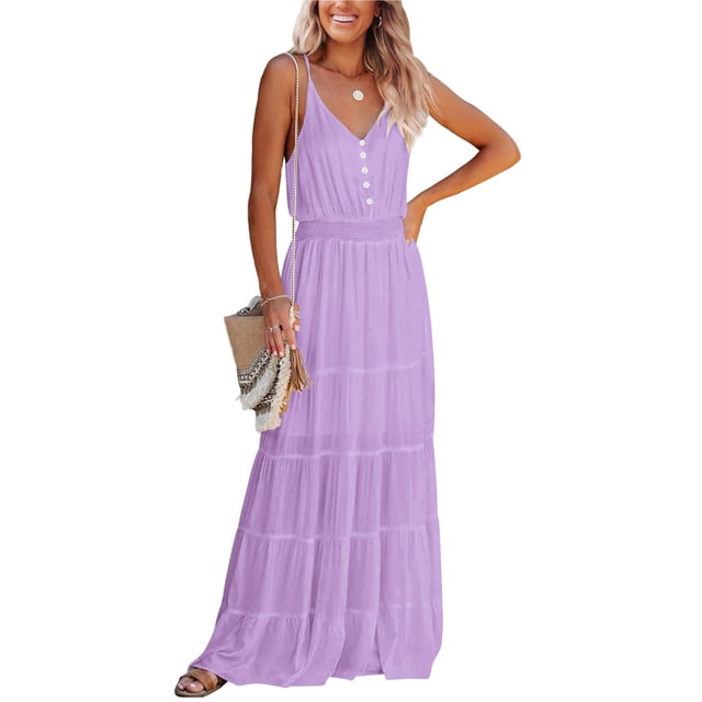 Vestido PRETTYGARDEN Maxi Largo Morado Claro con Tirantes Finos