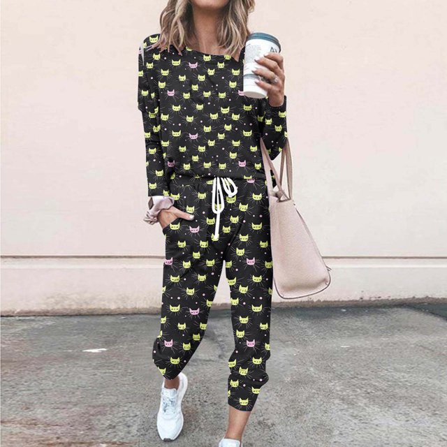 Puntoco Pijamas para mujer, conjunto de pijamas de invierno con estampado de letras, cuello redondo, manga larga, pantalones, ropa informal para el hogar