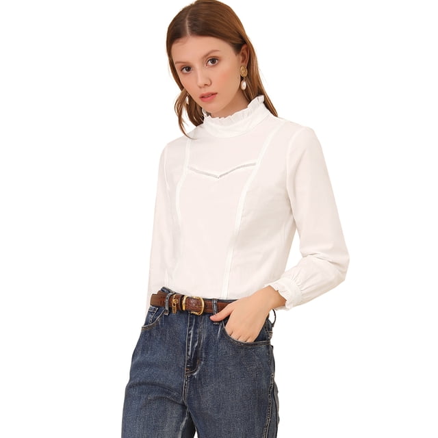 Blusa de algodón de ganchillo de encaje de manga larga con cuello volante Allegra K blanca M