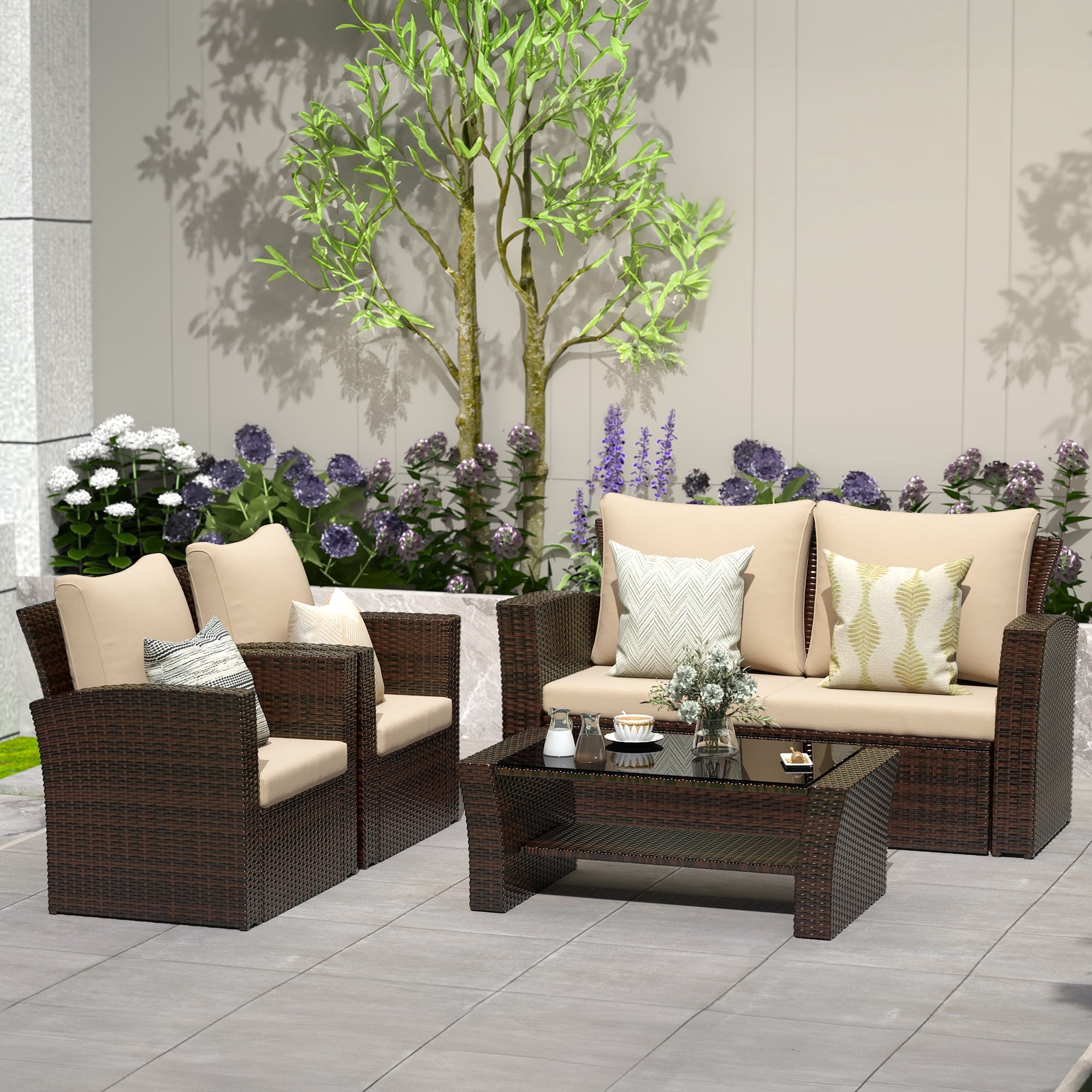 Heynemo 4 Seater Outdoor Patio Furniture Set, Rattan Wicker Patio Sectional Set with Coffee Table, Brown