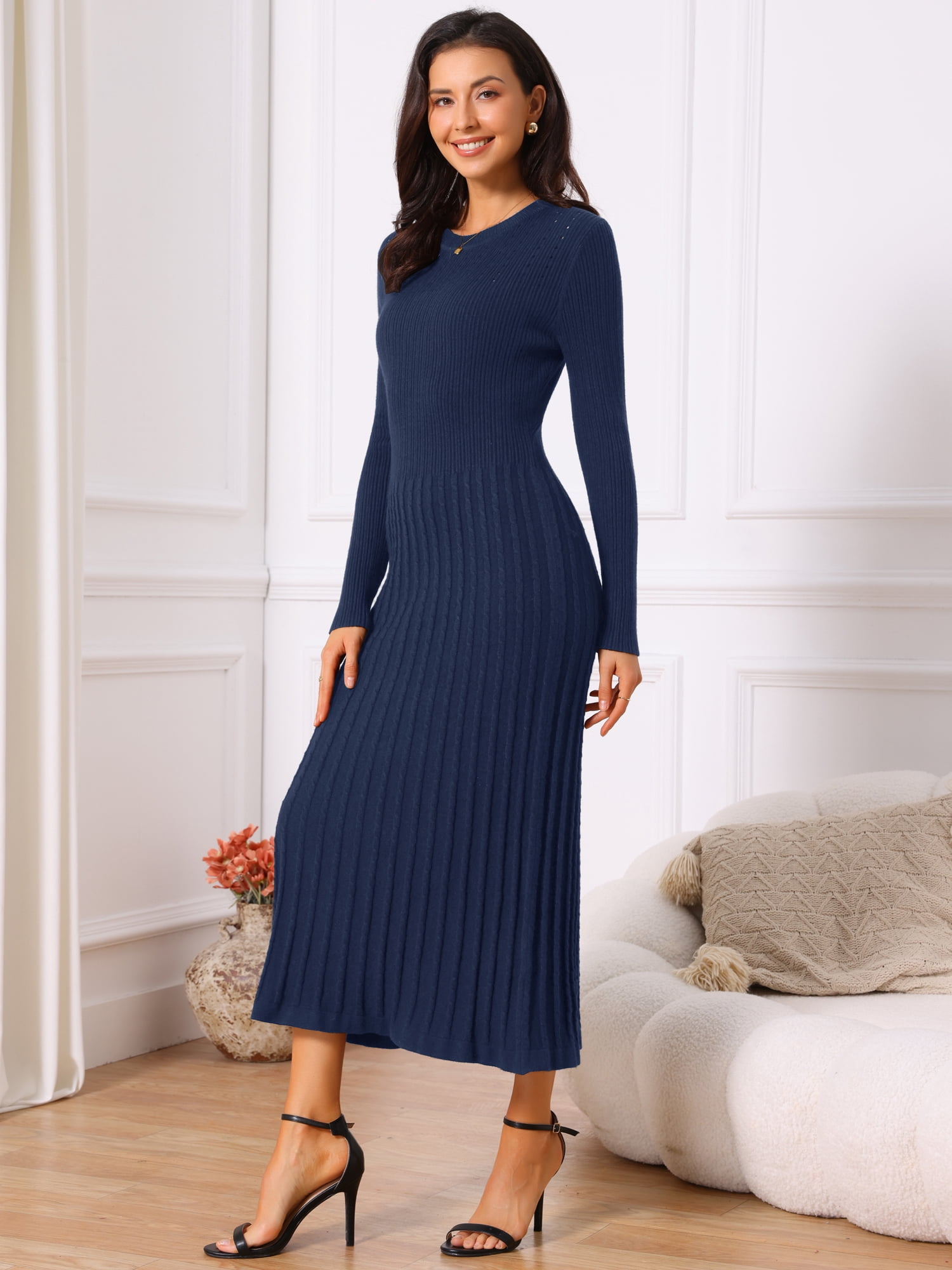 DARING DIVA Women's Long Sleeve Sweater Fall Crewneck Ribbed Knit Dress S Dark Blue