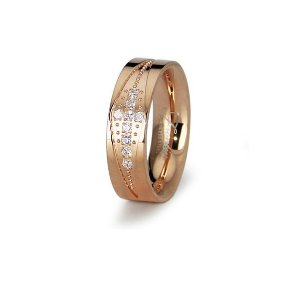Rose Gold Stainless Steel Cubic Zirconia Cross Wedding Band Ring