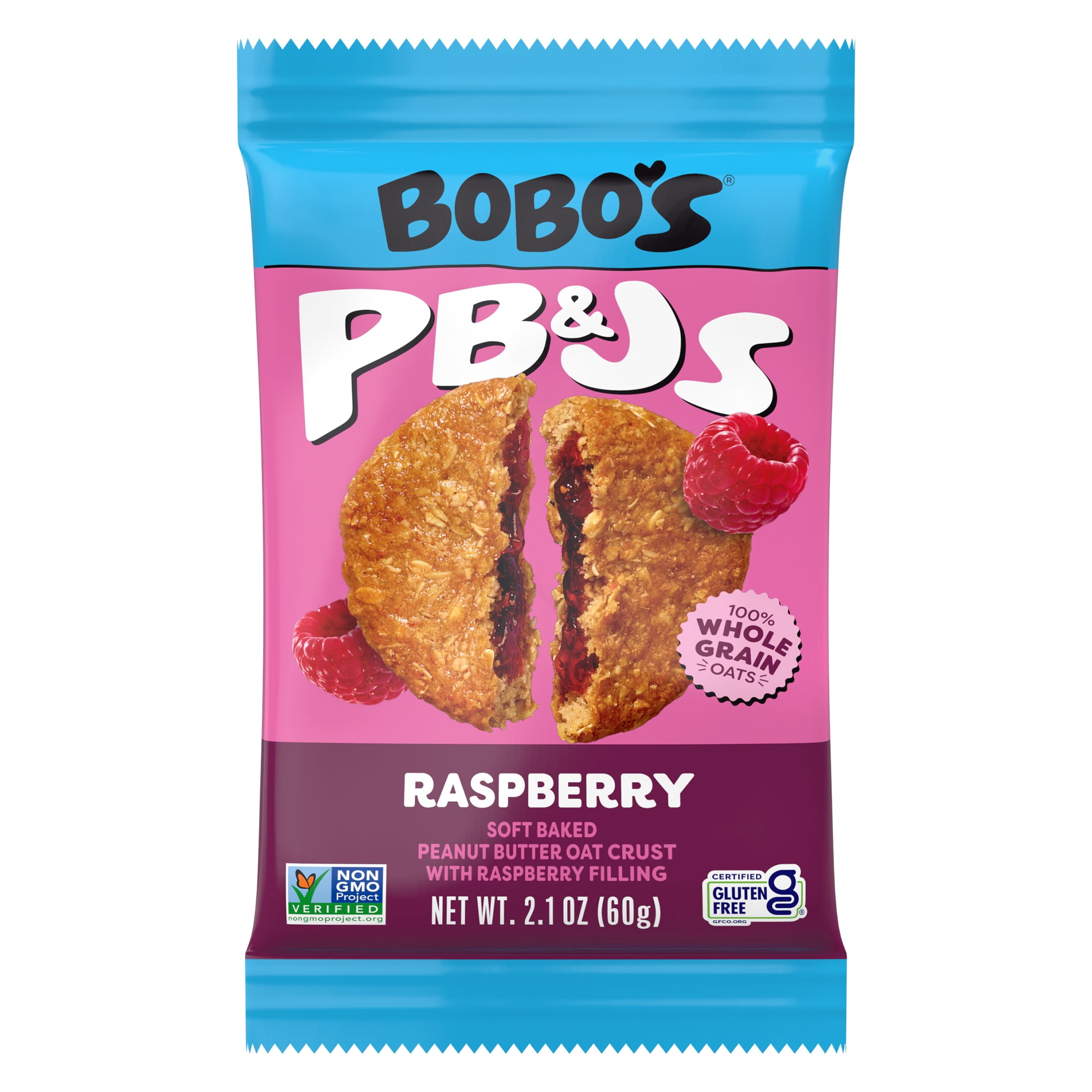 (6 pack) Bobo's PB&Js, Peanut Butter Oat Crust With Raspberry Filling, 5 Pack of 2.1oz oat snacks