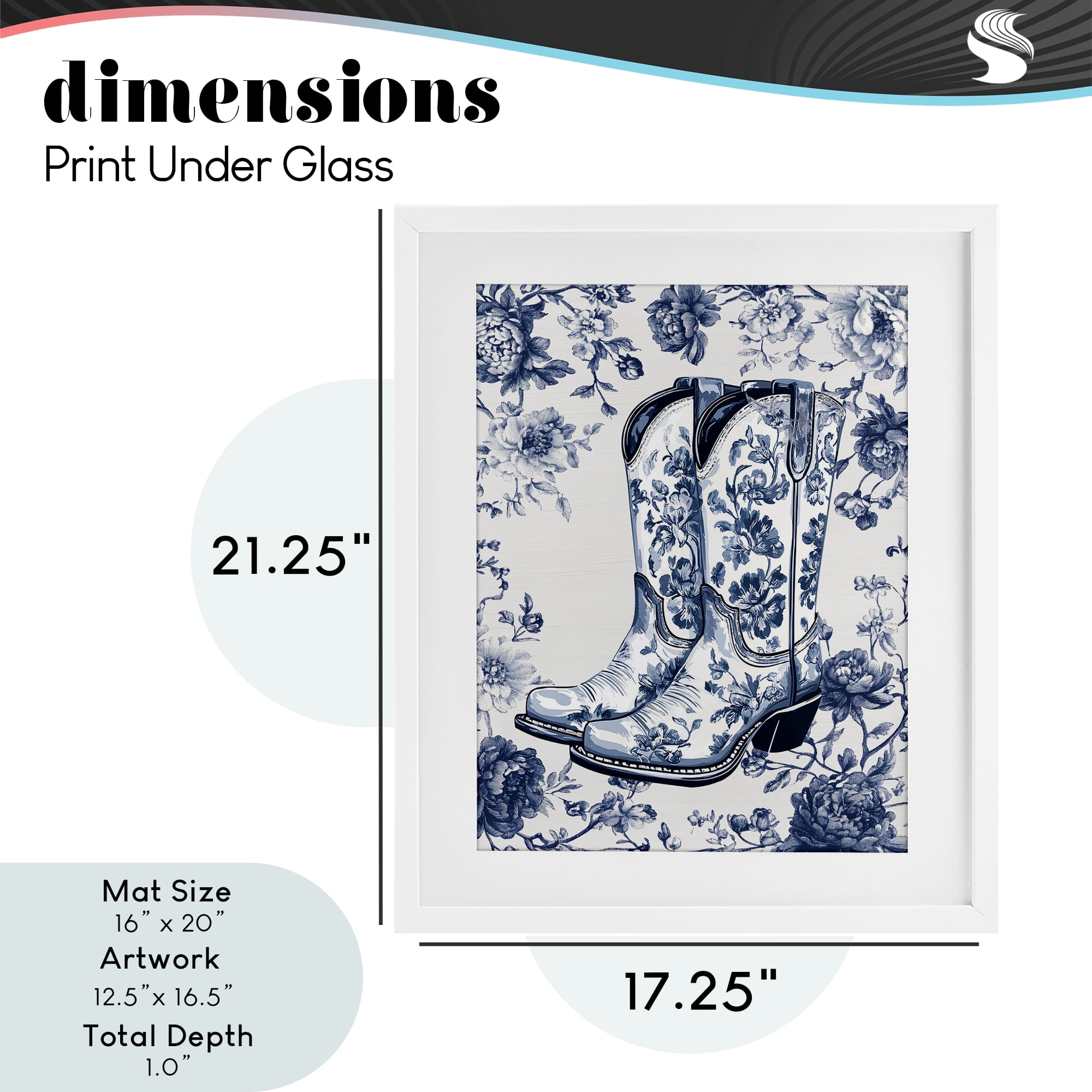 Blue Spring Florals & Boots White Framed Print Under Glass, design by Lettered and Lined