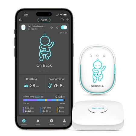 Sense-U Smart Baby Monitor Pro(Long Range) with Arousal Vibration, Audible & App Alerts Anywhere: Tracks Abdominal Movement, Rollover, Sleeping Position, Feeling Temperature, Wearable Sleep Monitor
